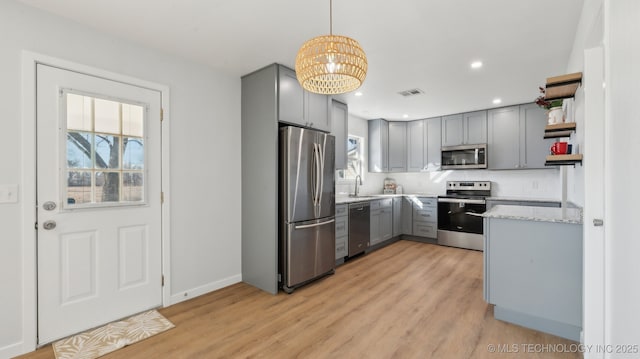 kitchen featuring stainless steel appliances, a sink, visible vents, gray cabinets, and open shelves