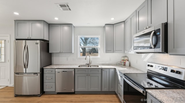 kitchen with visible vents, gray cabinetry, appliances with stainless steel finishes, a sink, and light wood-type flooring