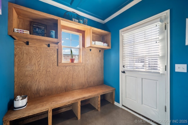 mudroom featuring baseboards and crown molding