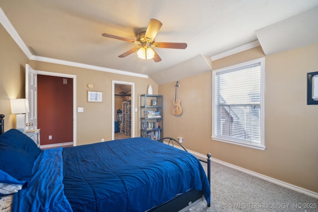 carpeted bedroom with a ceiling fan, baseboards, a walk in closet, and crown molding