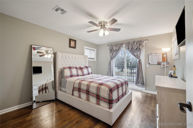 bedroom with visible vents, dark wood finished floors, baseboards, ceiling fan, and access to outside