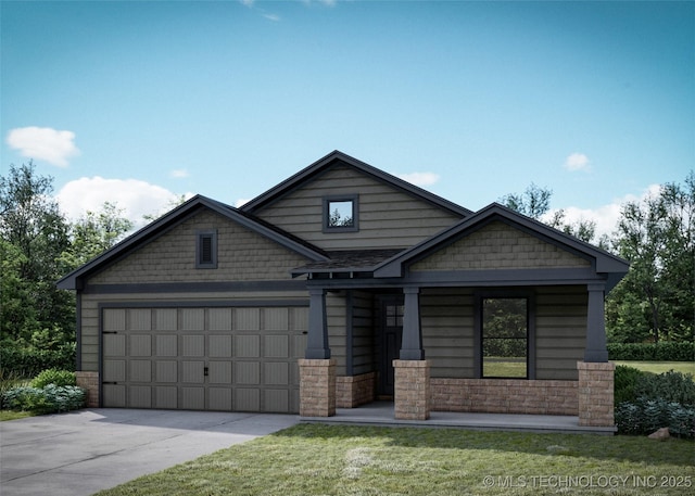 craftsman house featuring a garage, stone siding, a front lawn, and concrete driveway