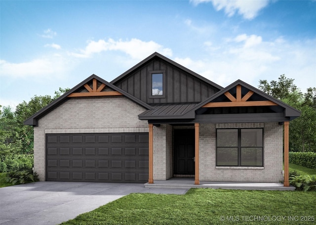 view of front of home featuring driveway, a garage, a standing seam roof, board and batten siding, and brick siding