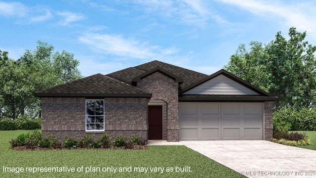 view of front facade featuring brick siding, a shingled roof, an attached garage, driveway, and a front lawn