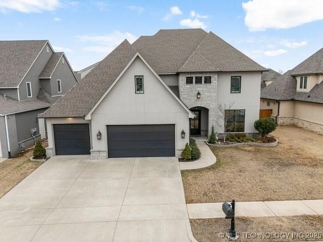 french country inspired facade featuring stone siding, roof with shingles, concrete driveway, and stucco siding