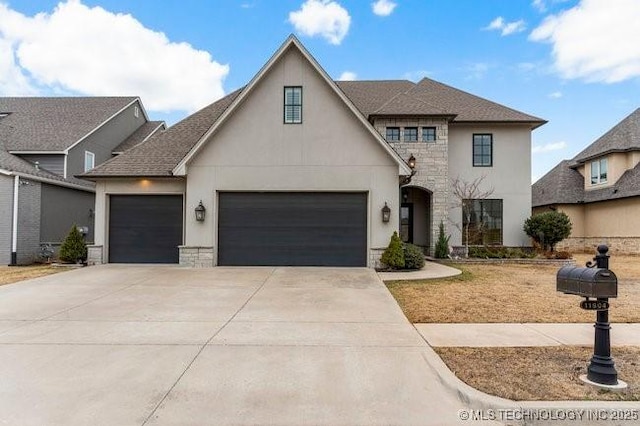11904 S Toledo Ave, Tulsa, OK 74137 - french country style house with a shingled roof, concrete driveway, stone siding, an attached garage, and stucco siding