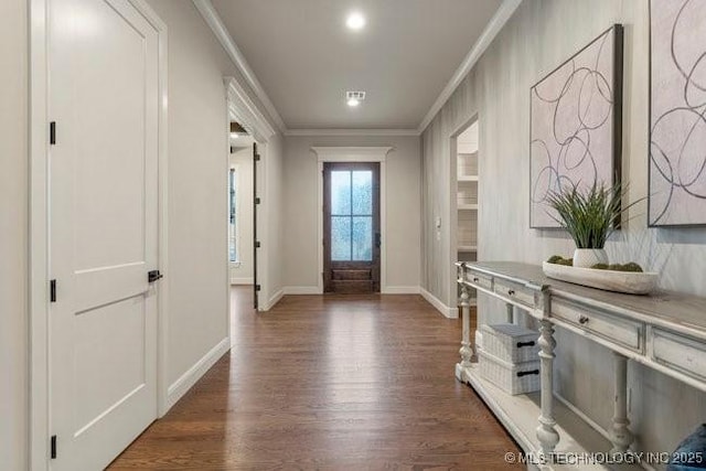 11904 S Toledo Ave, Tulsa, OK 74137 - doorway to outside featuring baseboards, dark wood finished floors, and crown molding