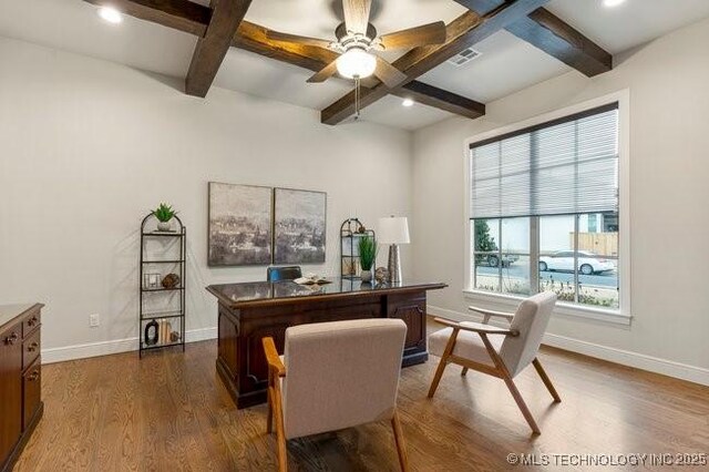 11904 S Toledo Ave, Tulsa, OK 74137 - office area with dark wood-style flooring, coffered ceiling, a ceiling fan, baseboards, and beam ceiling