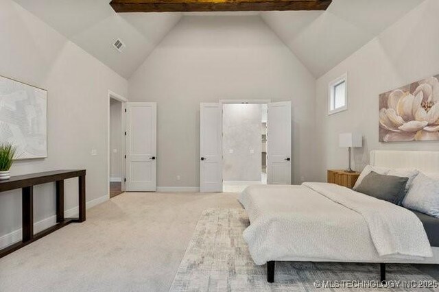 11904 S Toledo Ave, Tulsa, OK 74137 - bedroom featuring light carpet, high vaulted ceiling, visible vents, and baseboards