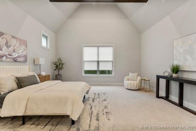 11904 S Toledo Ave, Tulsa, OK 74137 - bedroom featuring high vaulted ceiling, multiple windows, baseboards, and light colored carpet