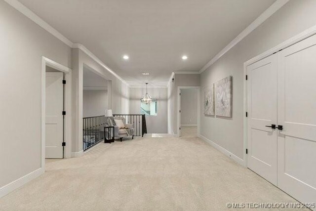 11904 S Toledo Ave, Tulsa, OK 74137 - unfurnished room featuring a chandelier, recessed lighting, light colored carpet, baseboards, and crown molding