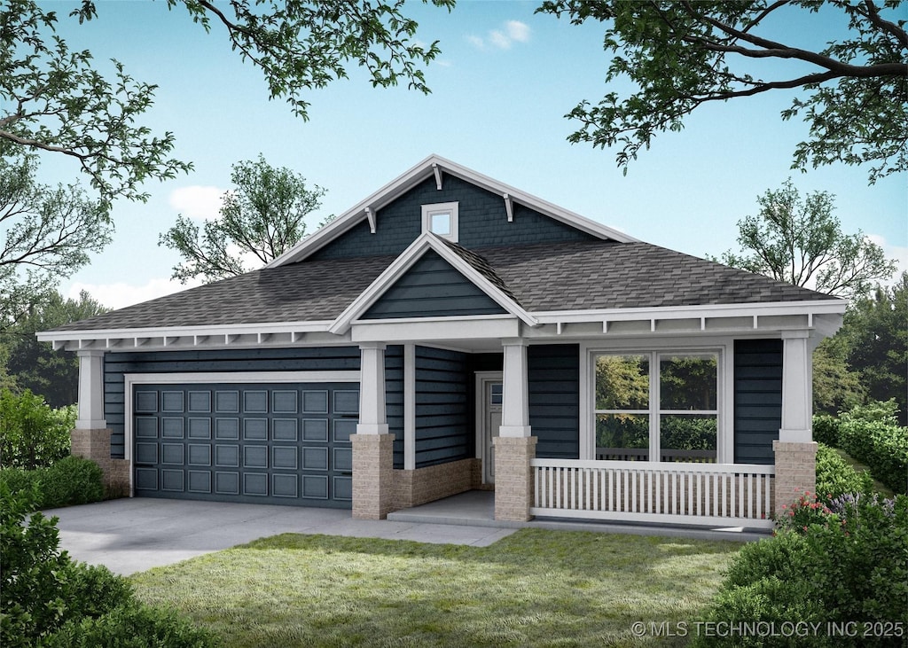 craftsman-style home with roof with shingles, brick siding, an attached garage, a front yard, and driveway