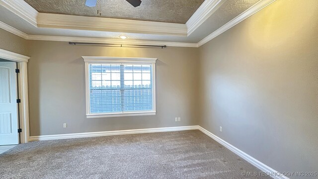 empty room featuring a textured ceiling, baseboards, ornamental molding, carpet, and a raised ceiling