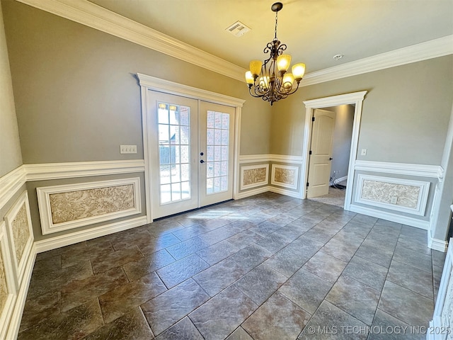 interior space featuring french doors, crown molding, stone tile floors, visible vents, and a chandelier