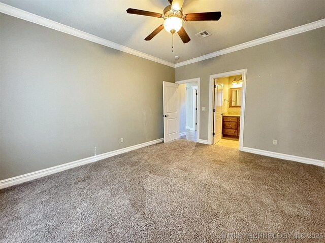 unfurnished bedroom featuring connected bathroom, light colored carpet, visible vents, baseboards, and ornamental molding