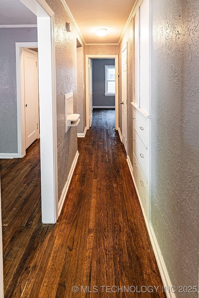 hallway with ornamental molding, dark wood finished floors, and a textured wall