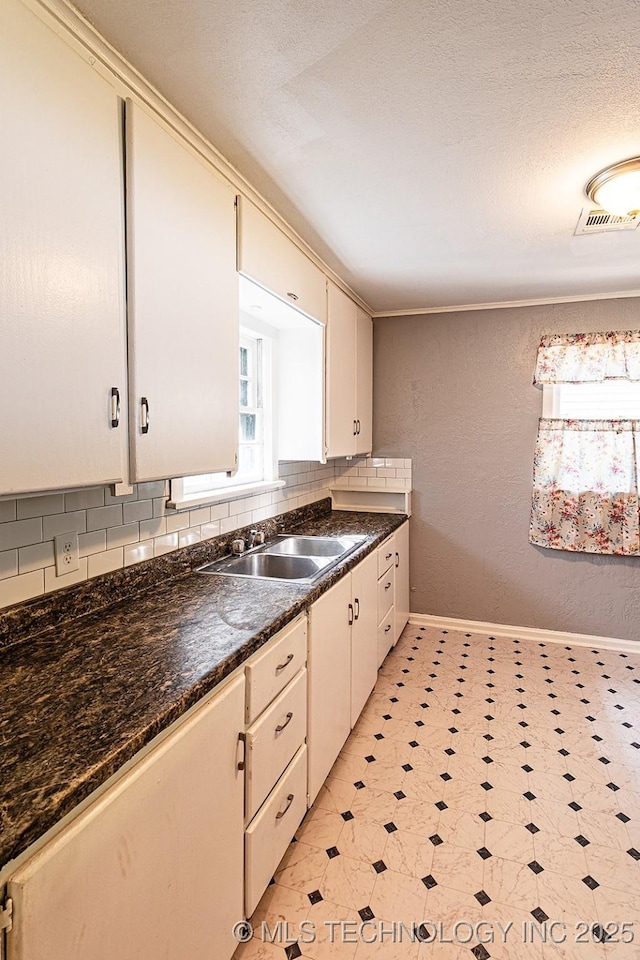 kitchen with tasteful backsplash, white cabinetry, and a sink