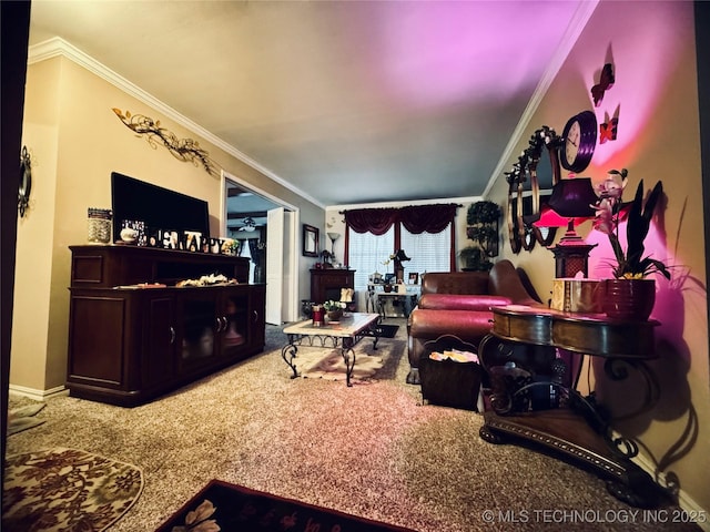 carpeted living area with crown molding