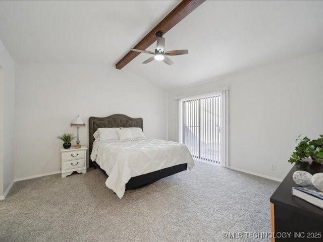 carpeted bedroom with ceiling fan, lofted ceiling with beams, and baseboards