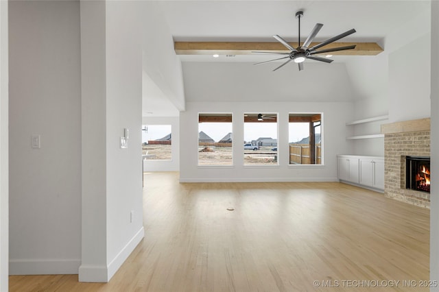2038 E 129th St, Jenks, OK 74037 - unfurnished living room with ceiling fan, a fireplace, light wood-style floors, beamed ceiling, and high vaulted ceiling