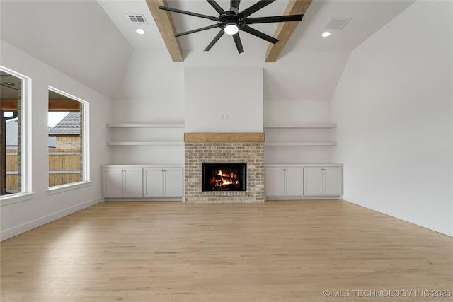 2038 E 129th St, Jenks, OK 74037 - unfurnished living room with light wood-style flooring, a ceiling fan, a brick fireplace, and recessed lighting