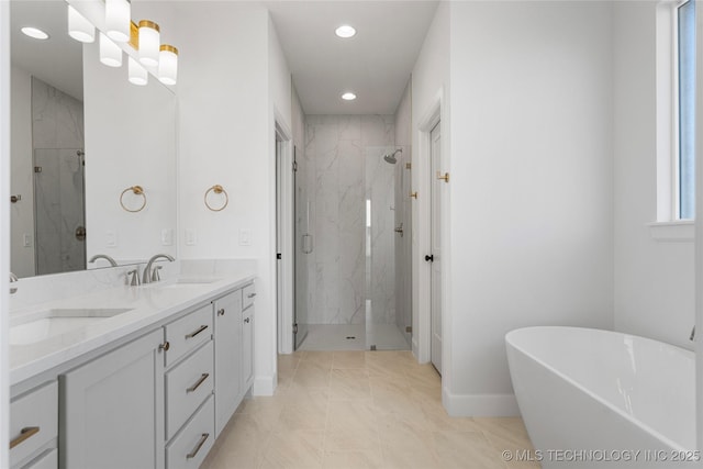 2038 E 129th St, Jenks, OK 74037 - bathroom with a marble finish shower, recessed lighting, marble look tiles, a freestanding bath, and double vanity