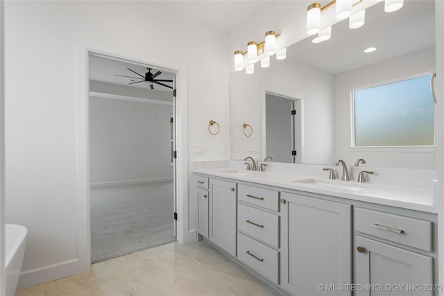 2038 E 129th St, Jenks, OK 74037 - full bathroom featuring double vanity, ceiling fan, tile patterned flooring, and a bathtub