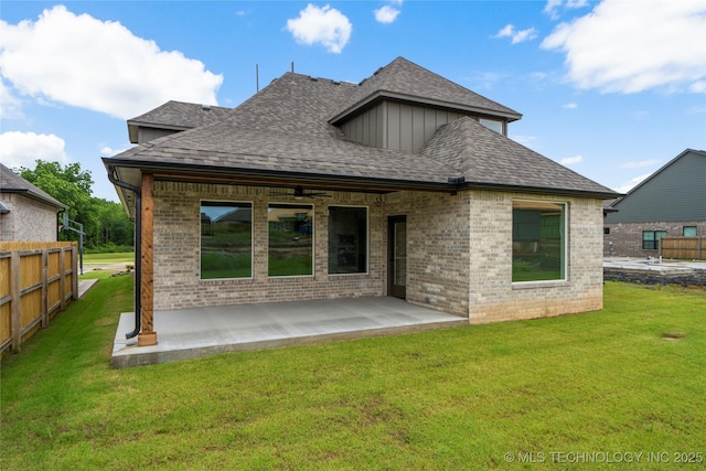 2038 E 129th St, Jenks, OK 74037 - rear view of house featuring brick siding, a ceiling fan, roof with shingles, a patio, and board and batten siding