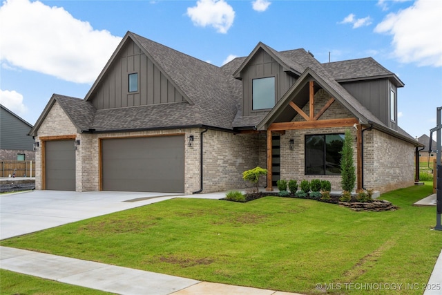 2038 E 129th St, Jenks, OK 74037 - view of front of home with board and batten siding, brick siding, concrete driveway, an attached garage, and a front yard