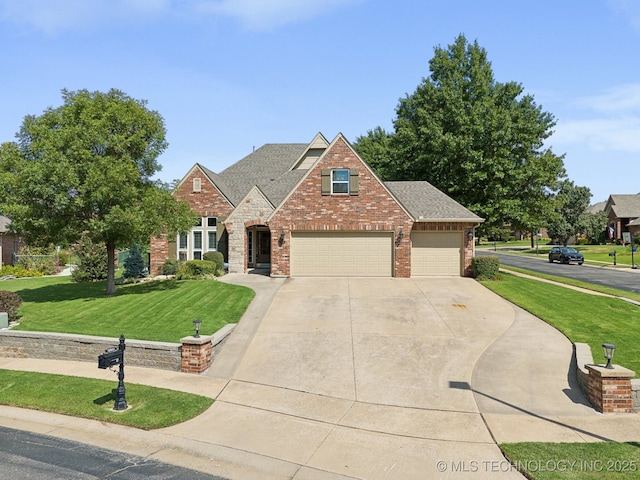 view of front of home with driveway, a shingled roof, a front lawn, a garage, and brick siding