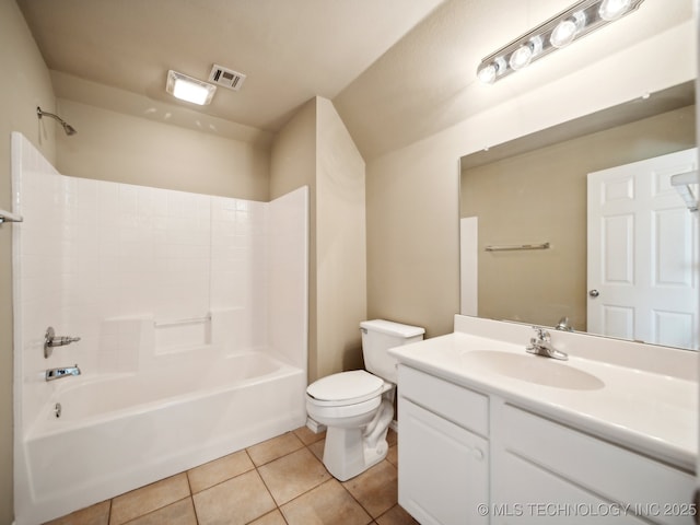 full bath featuring visible vents, toilet, shower / bathtub combination, tile patterned floors, and vanity