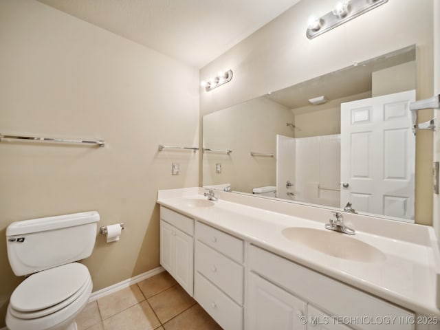 full bath featuring tile patterned floors, toilet, double vanity, and a sink