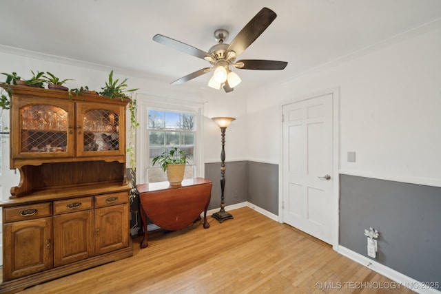 living area featuring light wood finished floors, a ceiling fan, and baseboards