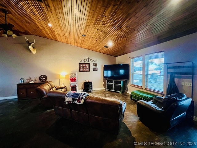 living room with lofted ceiling, wood ceiling, and baseboards