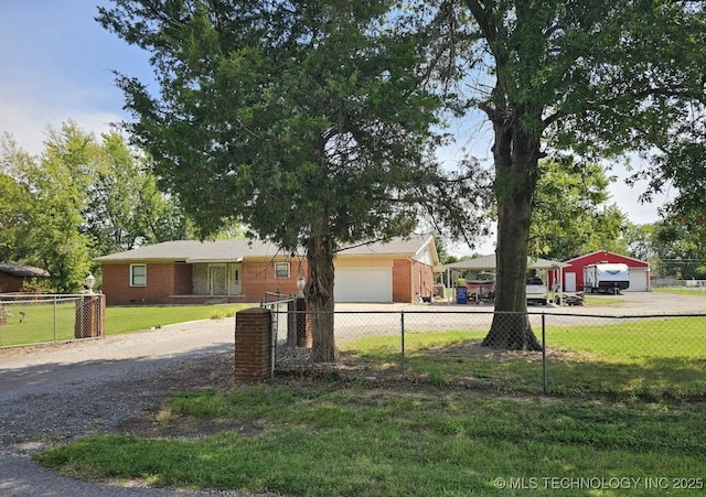 ranch-style home with brick siding, fence, driveway, crawl space, and a front lawn