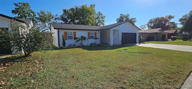 ranch-style home with driveway, an attached garage, a front lawn, and brick siding