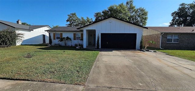 ranch-style house with concrete driveway, brick siding, an attached garage, and a front yard