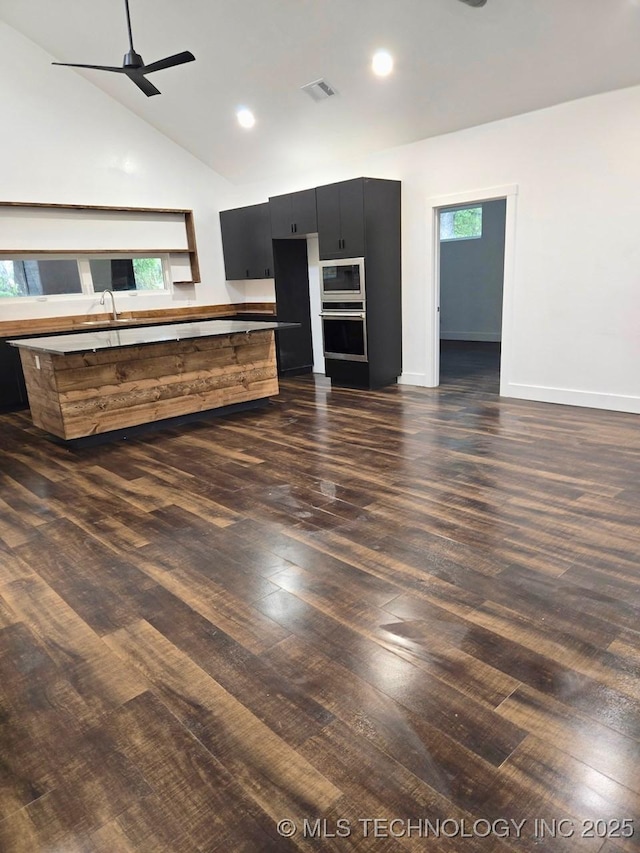 kitchen with dark wood-style floors, appliances with stainless steel finishes, a ceiling fan, high vaulted ceiling, and dark cabinetry