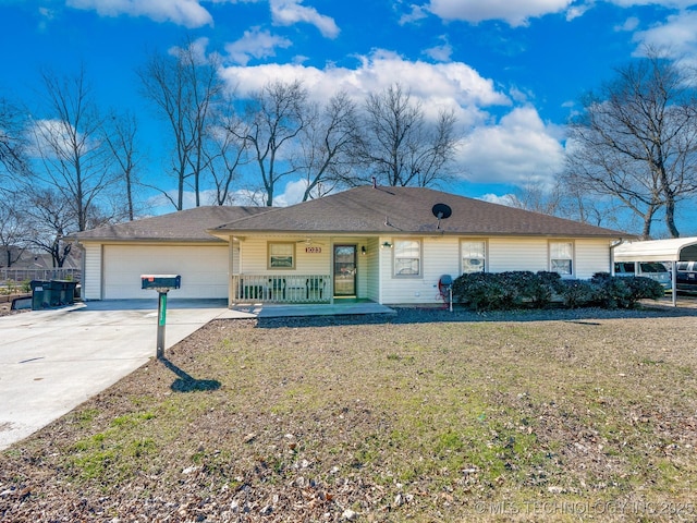 ranch-style house featuring a garage, driveway, a front lawn, and a porch