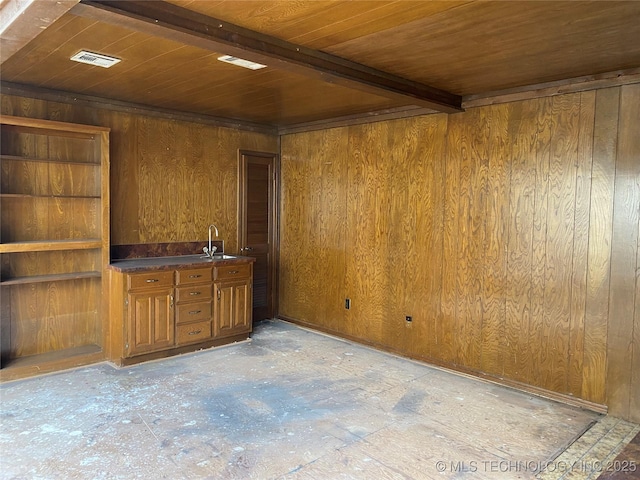 bar featuring wood ceiling, wood walls, a sink, and visible vents