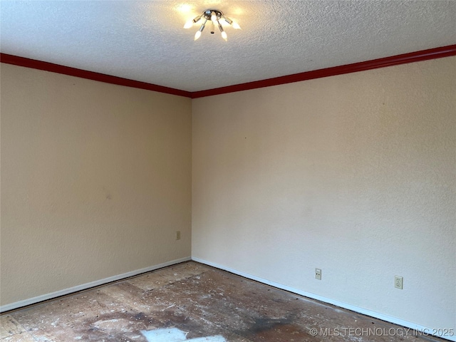 unfurnished room featuring crown molding and a textured ceiling