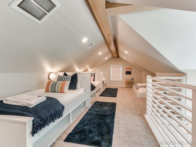 bedroom featuring vaulted ceiling with beams, visible vents, carpet flooring, and recessed lighting