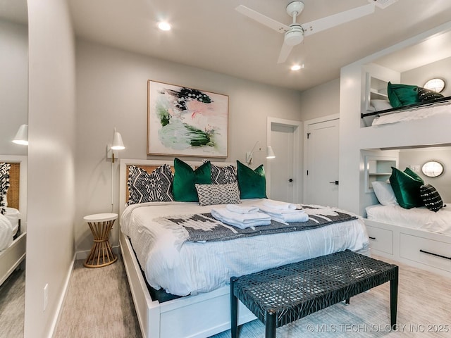 bedroom featuring recessed lighting, visible vents, ceiling fan, and baseboards