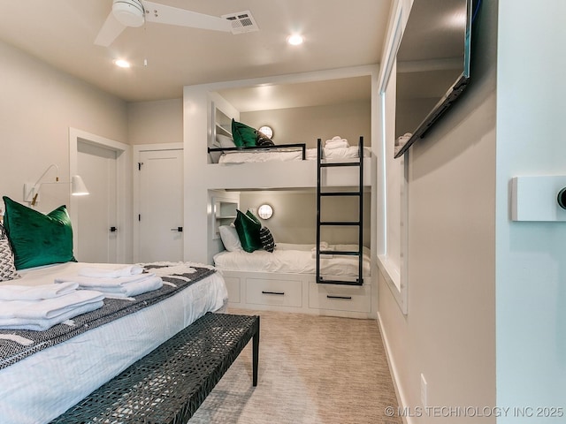 bedroom featuring light carpet, baseboards, visible vents, and recessed lighting