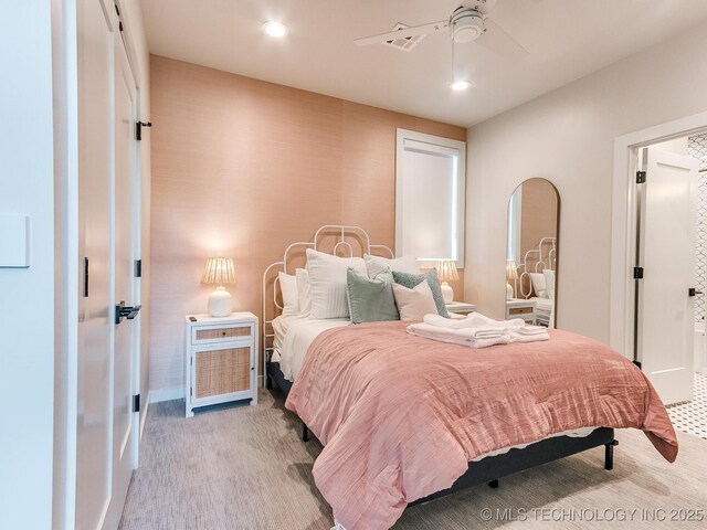 bedroom with baseboards, ceiling fan, and recessed lighting