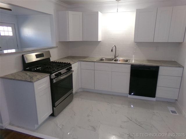 kitchen with black dishwasher, visible vents, stainless steel range with gas stovetop, marble finish floor, and a sink