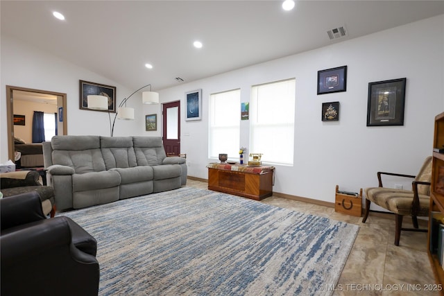 living room featuring lofted ceiling, baseboards, visible vents, and recessed lighting