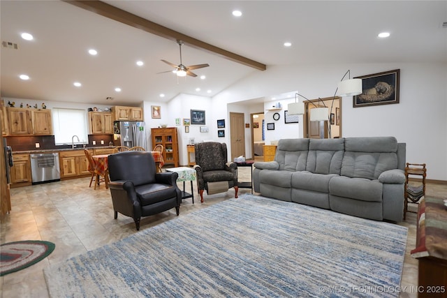 living room with a ceiling fan, recessed lighting, visible vents, and lofted ceiling with beams