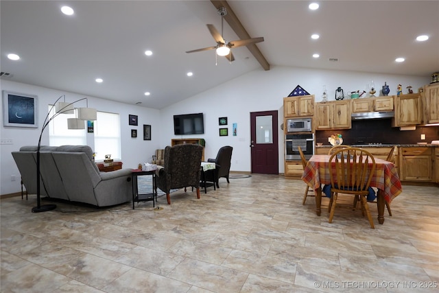 interior space featuring visible vents, ceiling fan, beamed ceiling, high vaulted ceiling, and recessed lighting