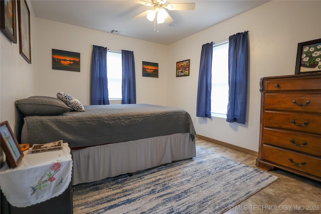 bedroom with a ceiling fan, visible vents, and baseboards